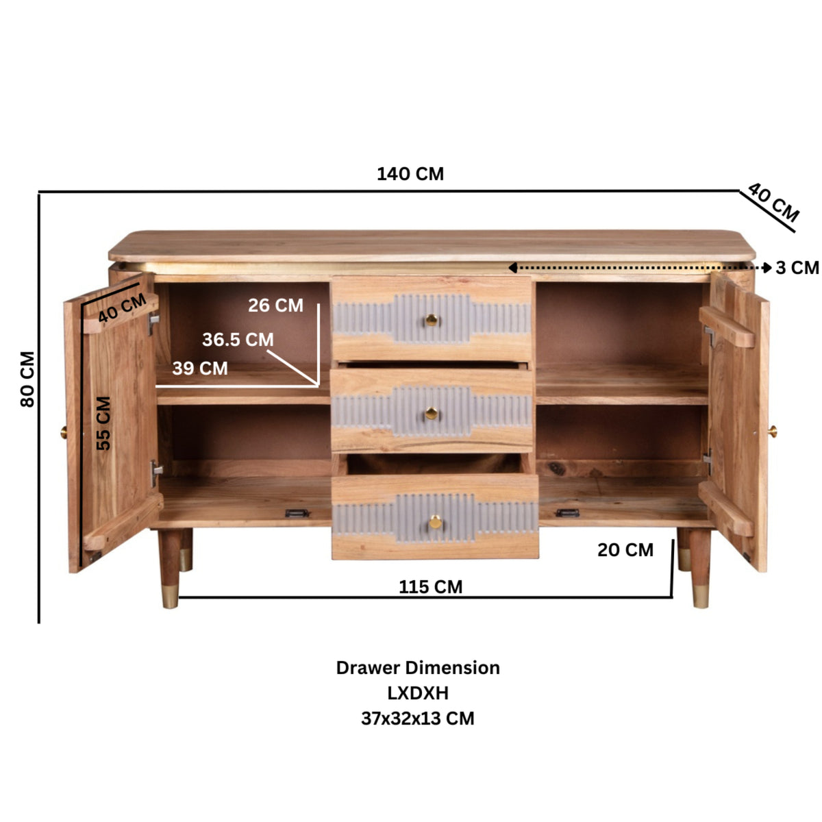 Desoto Acacia Wood 2 Doors 3 Drawers Sideboard