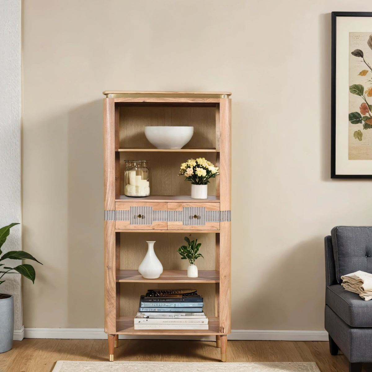 Desoto Acacia Wood 2 Drawers Open Bookcase