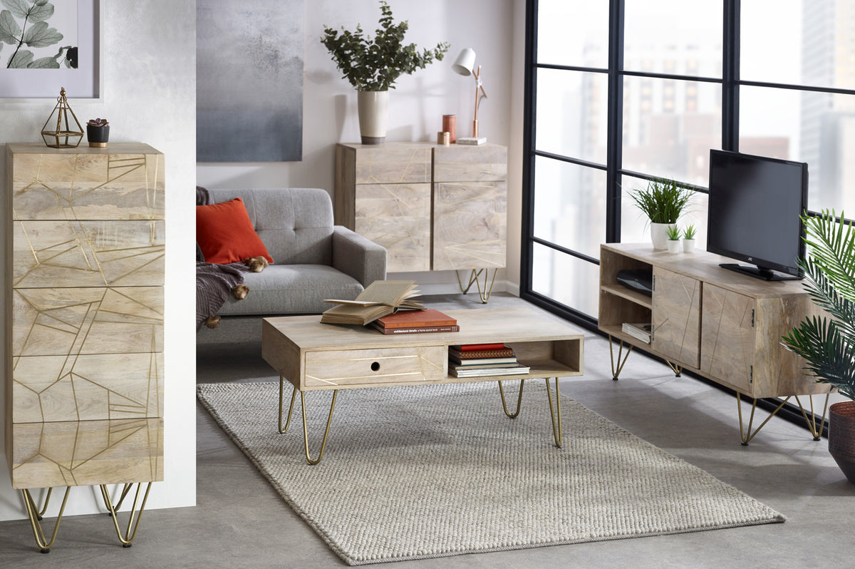 Ebern Light Gold Rectangular Coffee Table With Drawer