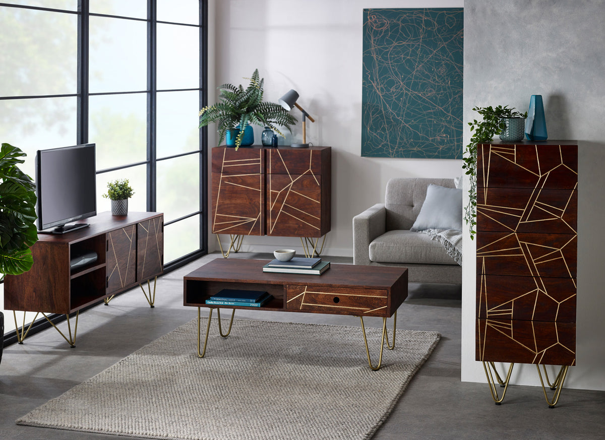 Ebern Dark Gold Rectangular Coffee Table With Drawer