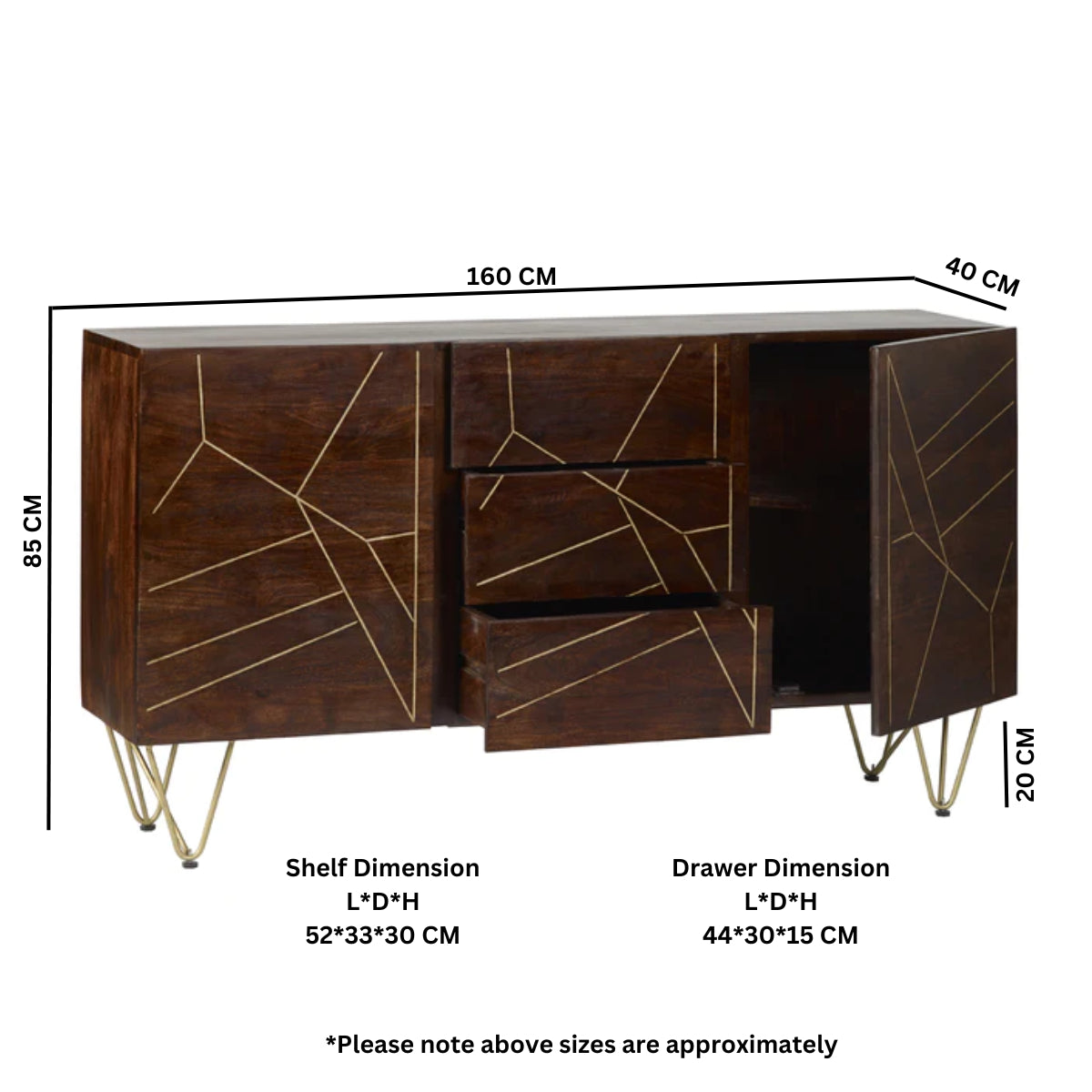 Ebern Dark Gold Extra Large Sideboard 3 Drawers And 2 Doors