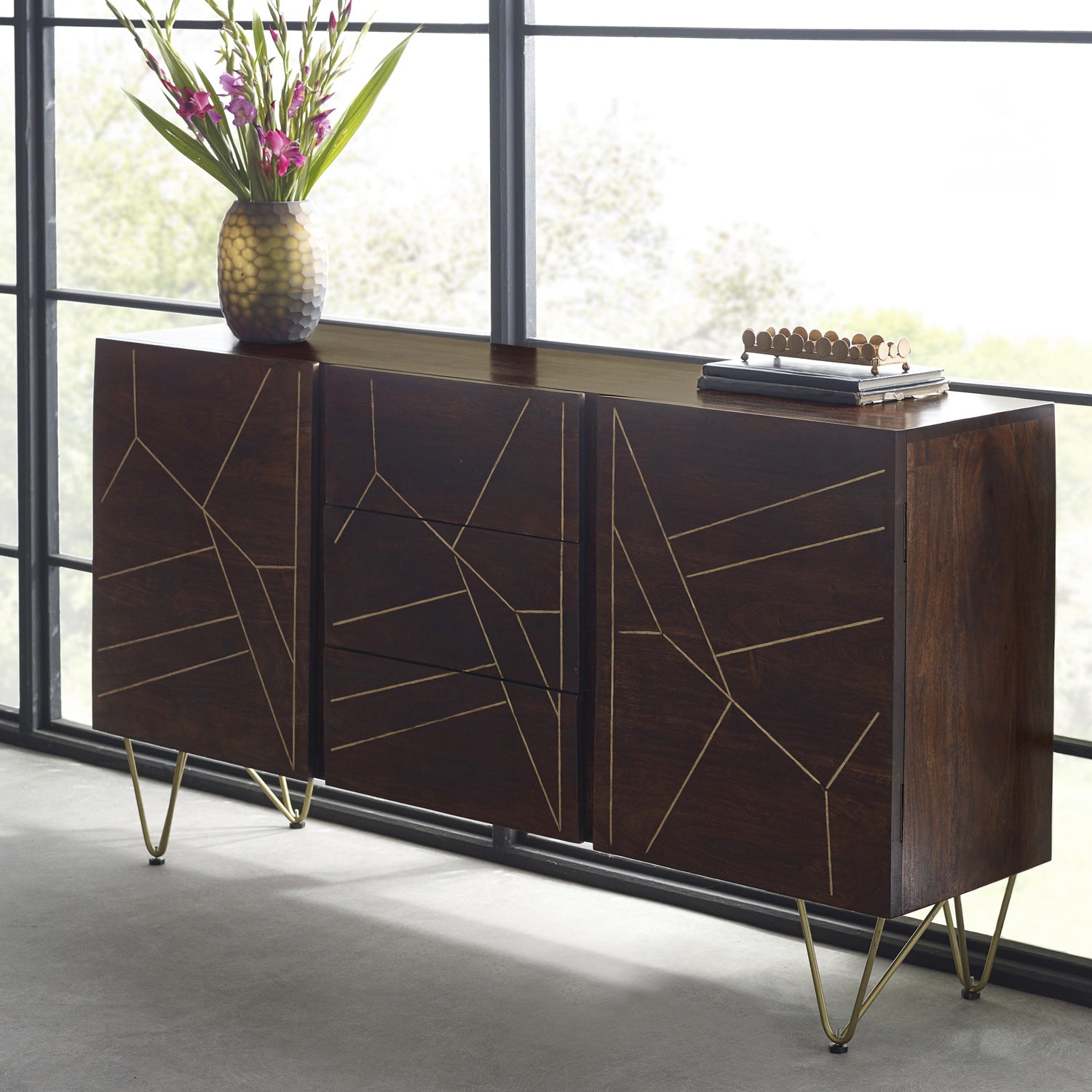 Ebern Dark Gold Extra Large Sideboard 3 Drawers And 2 Doors