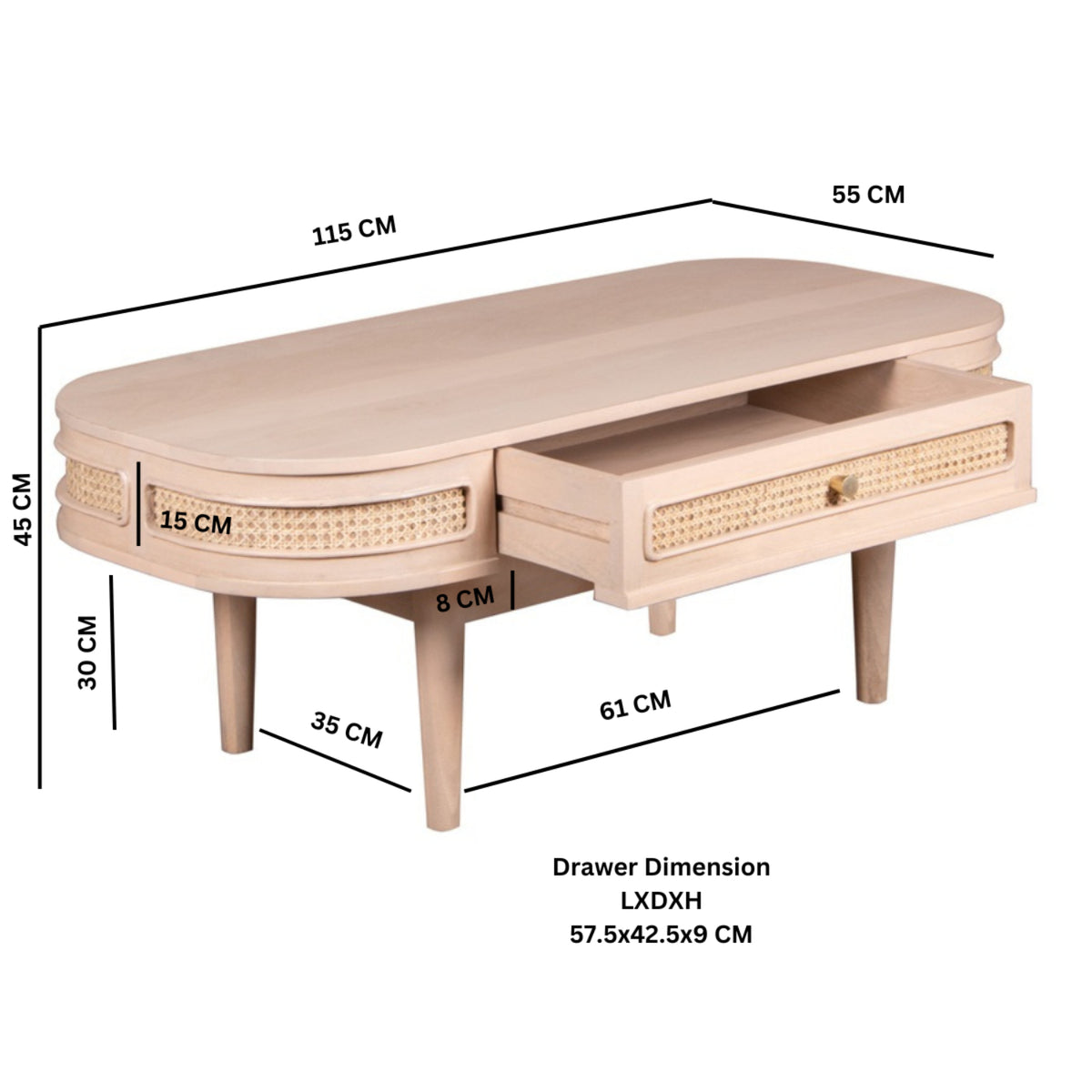 Adah Cane & Mango Wood 1 Drawer Coffee Table