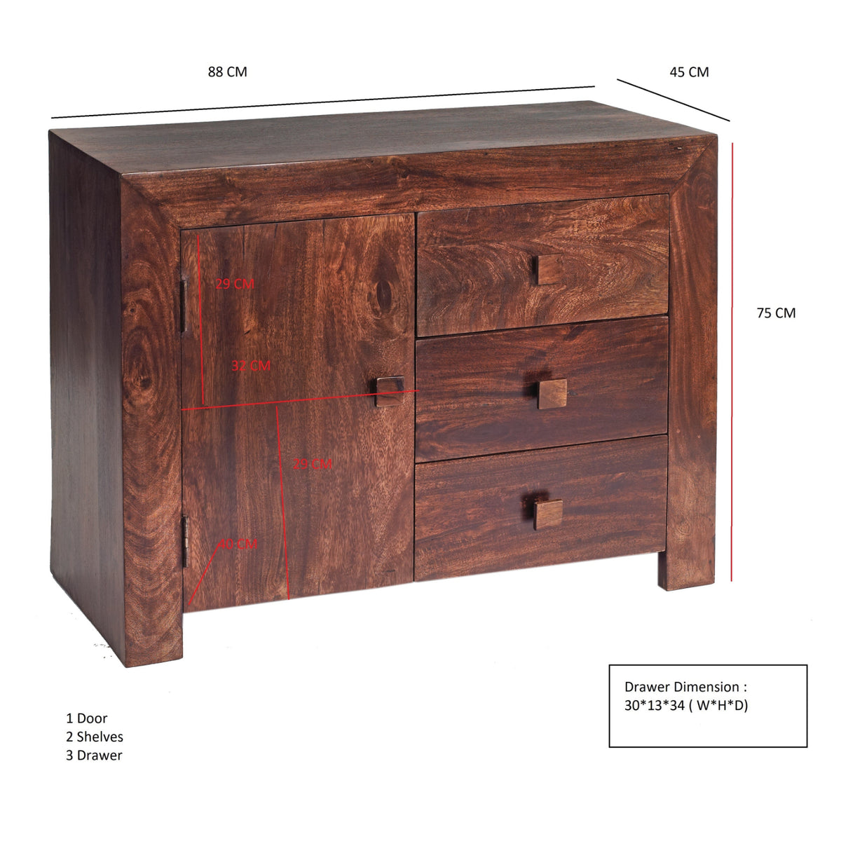 Clasby Dark Mango 3 Drawer Sideboard