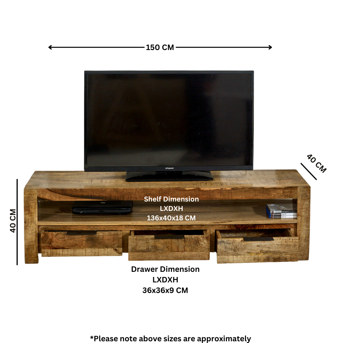 Vogo Solid Wood Large Tvc With 3 Drawers