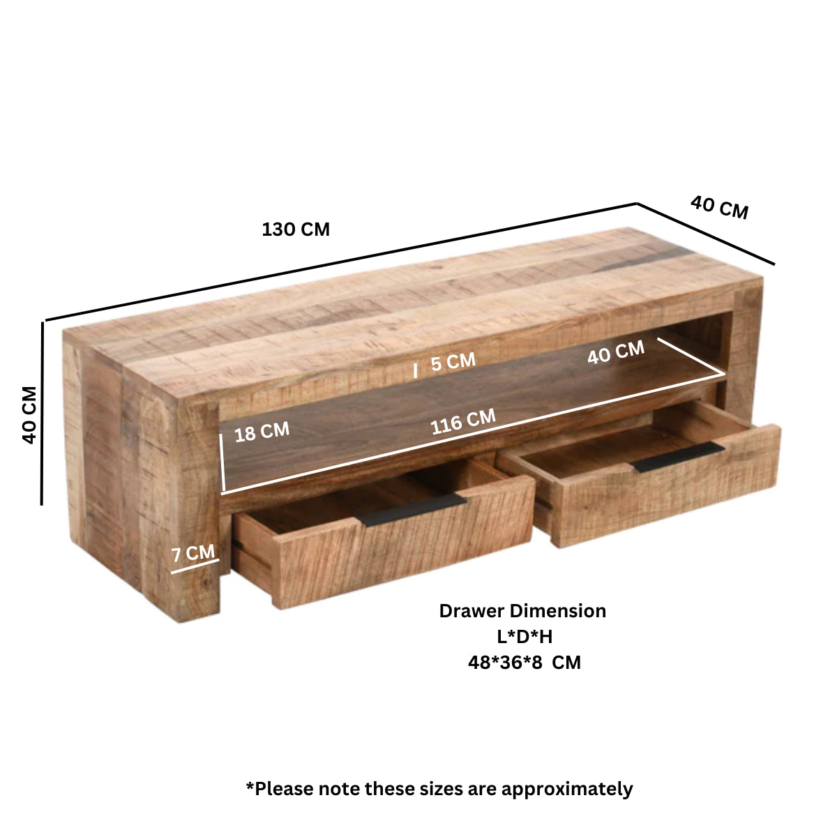 Vogo Solid Wood Tv Stand With 2 Drawers