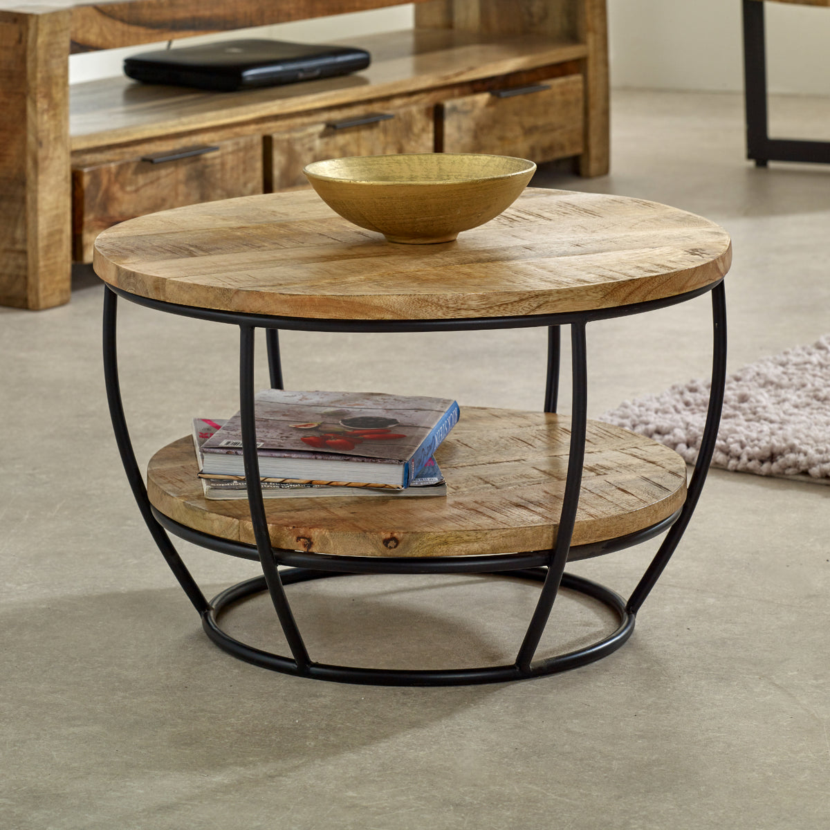 Vogo Solid Wood & Metal Coffee Table With Shelf