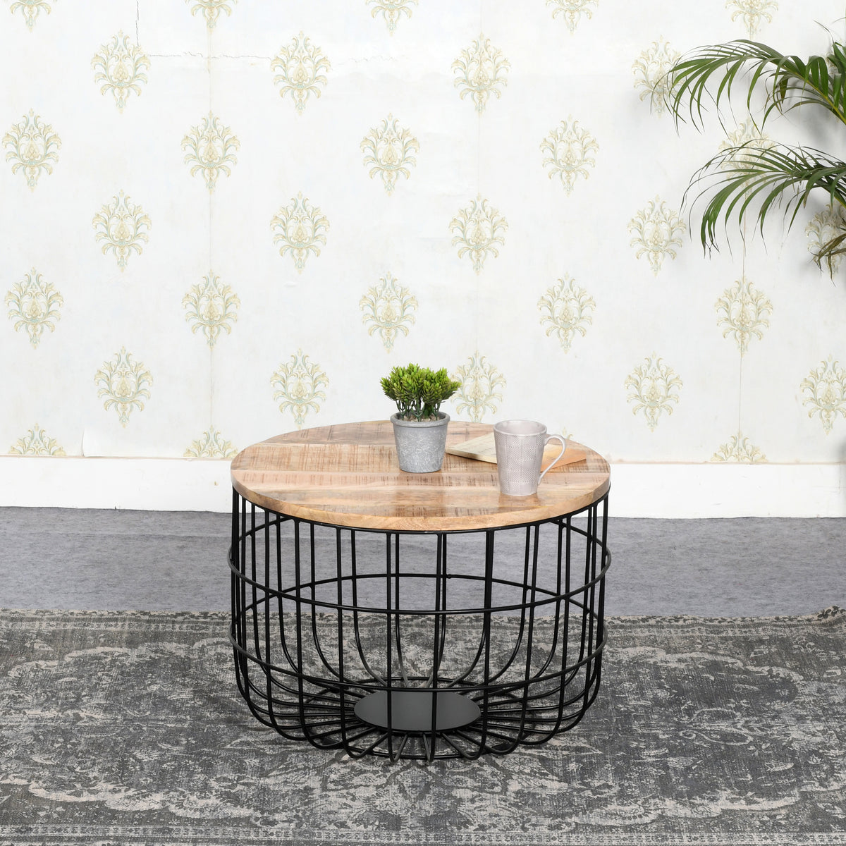 Vogo Solid Wood & Metal Wire Coffee Table