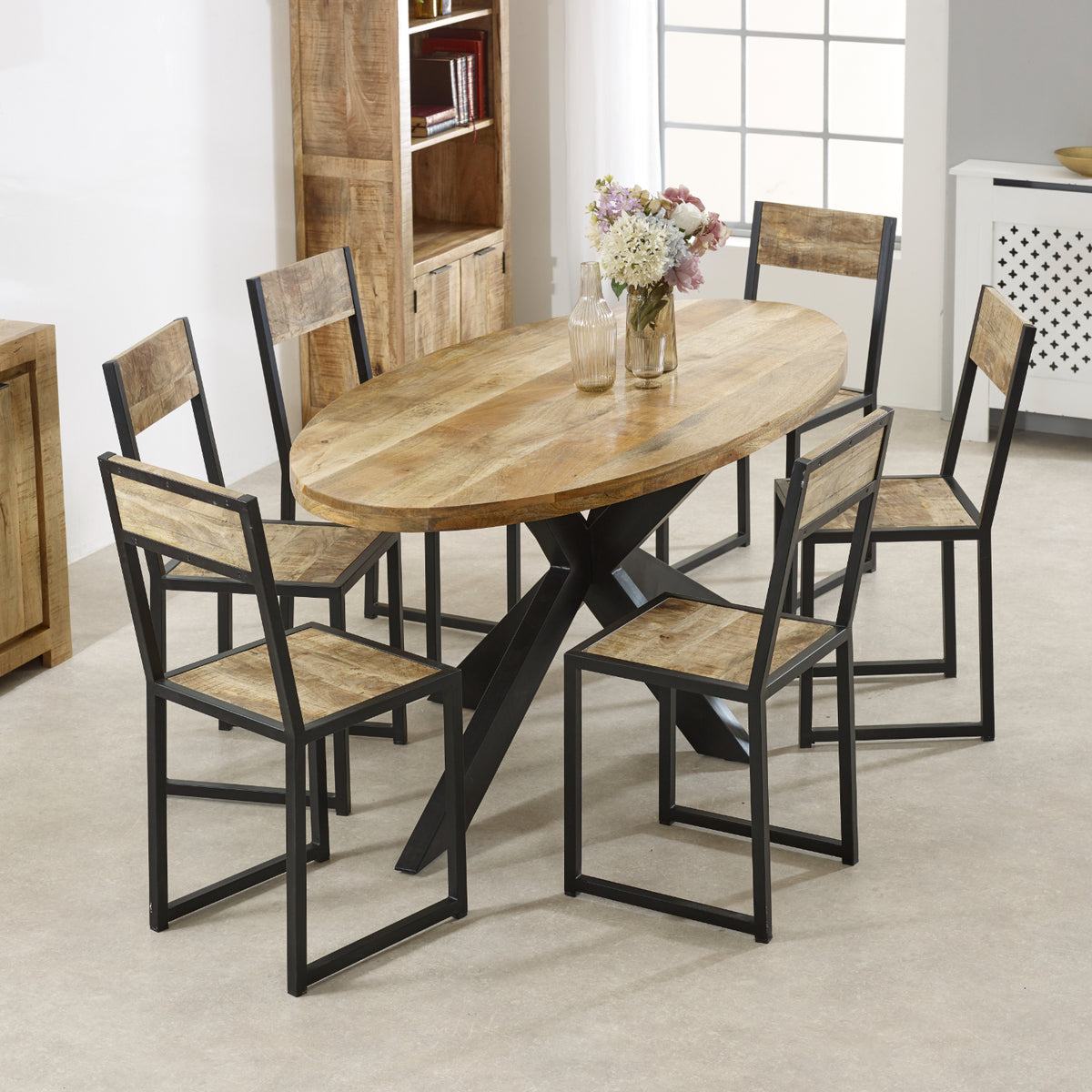 Vogo Solid Wood & Metal Oval Dining Table 6-8 Seater