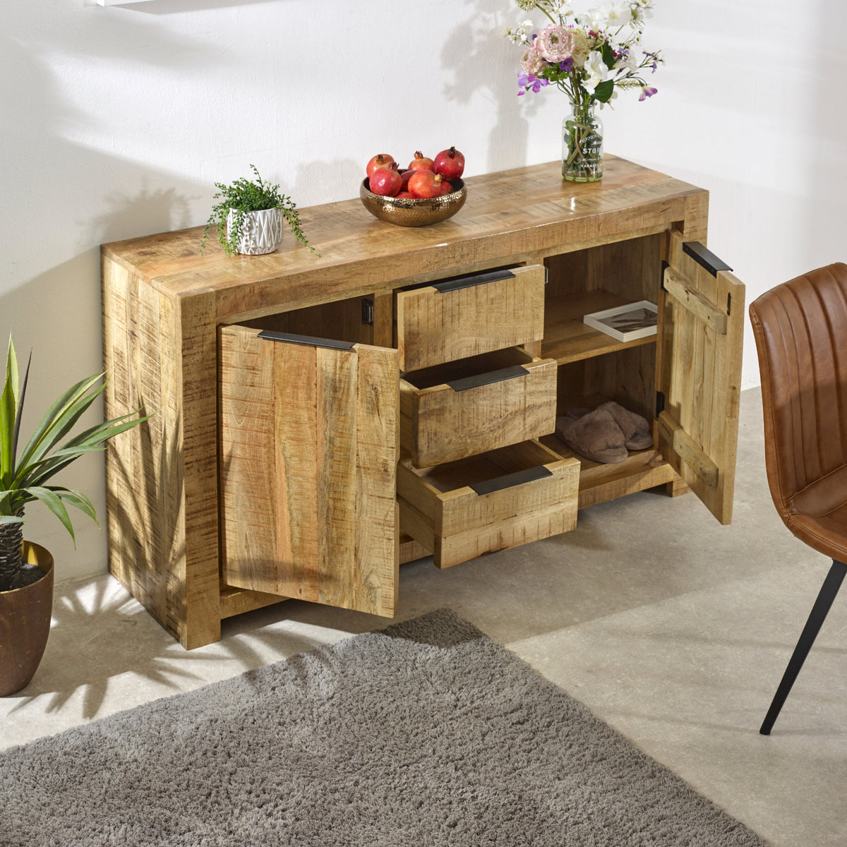 Vogo Solid Wood Large Sideboard 2 Door 3 Drawer