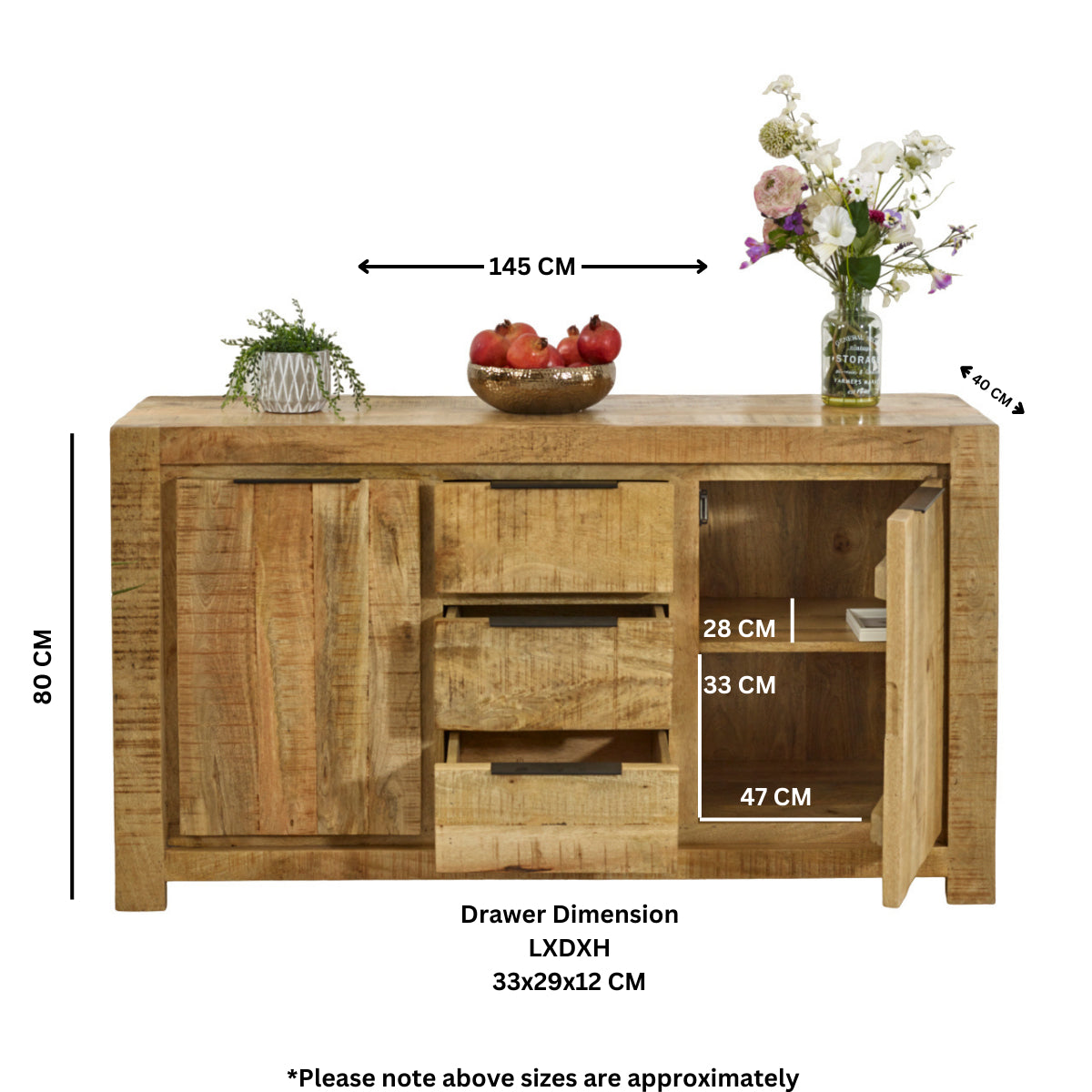 Vogo Solid Wood Large Sideboard 2 Door 3 Drawer