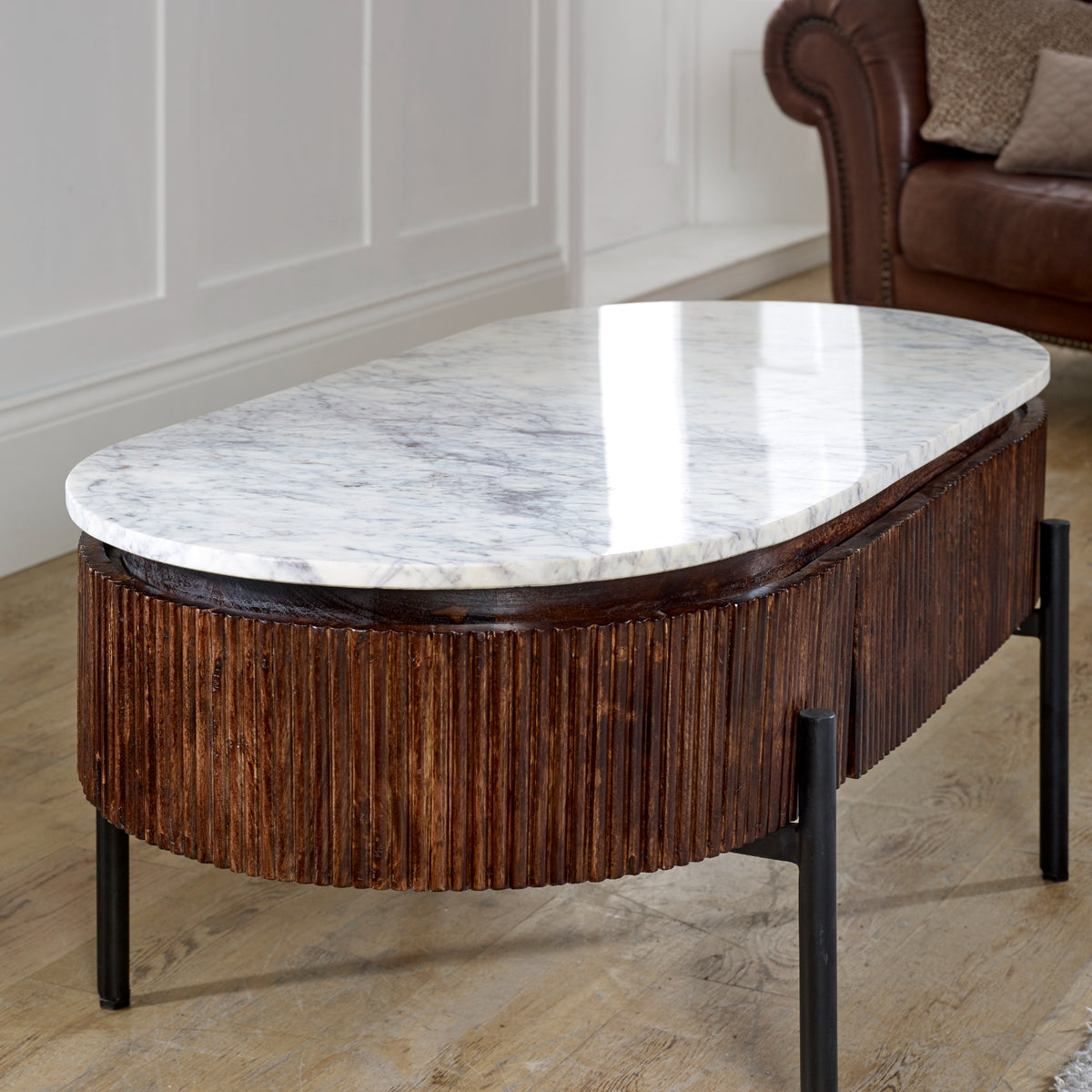 Cardella Mango Wood Rectangular Fluted Coffee Table With Marble Top & Metal Legs