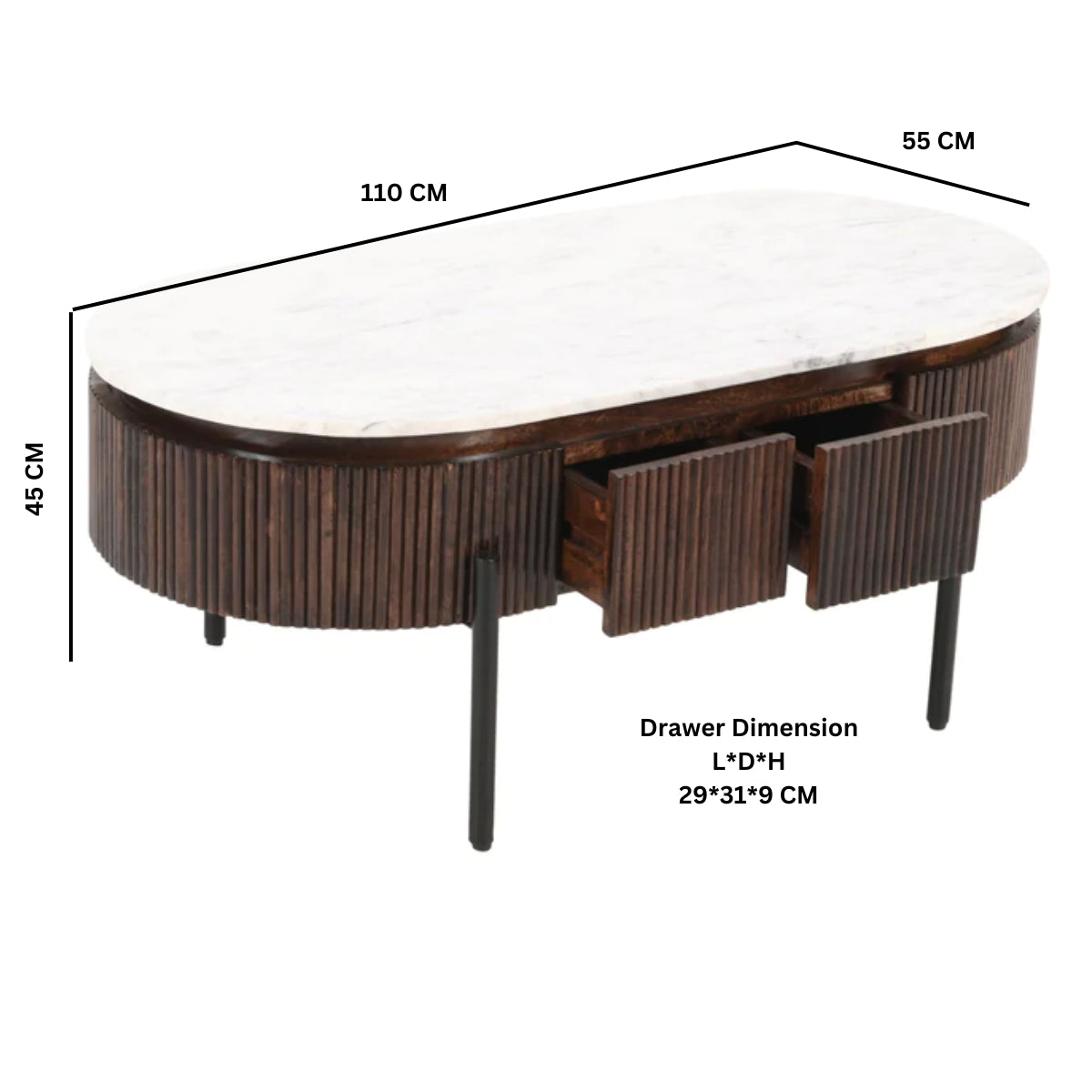 Cardella Mango Wood Rectangular Fluted Coffee Table With Marble Top & Metal Legs