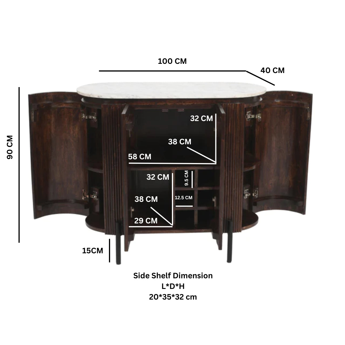 Cardella Solid Wood Sideboard/Drinks Cabinet With Marble Top & Metal Legs