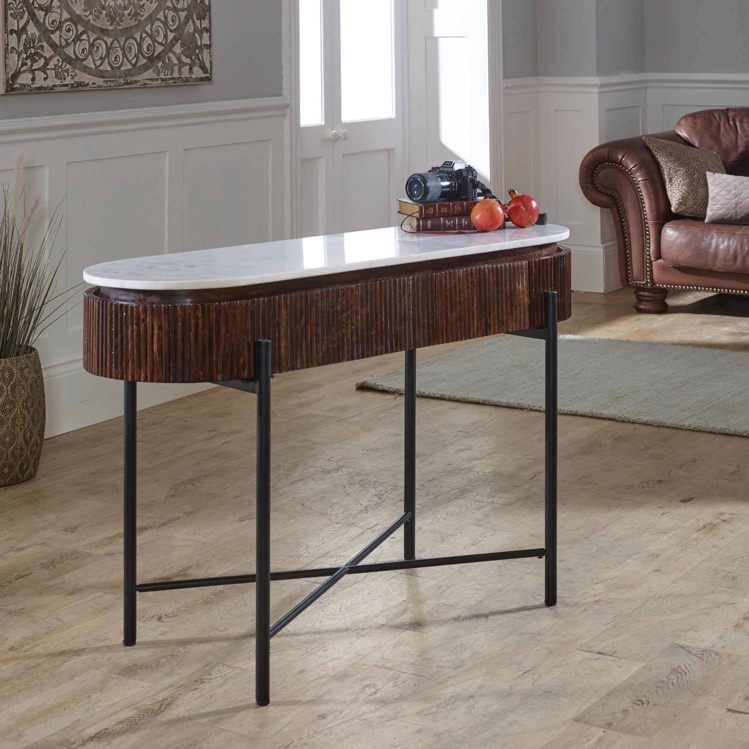 Cardella Mango Wood Console Table With Marble Top And Metal Legs
