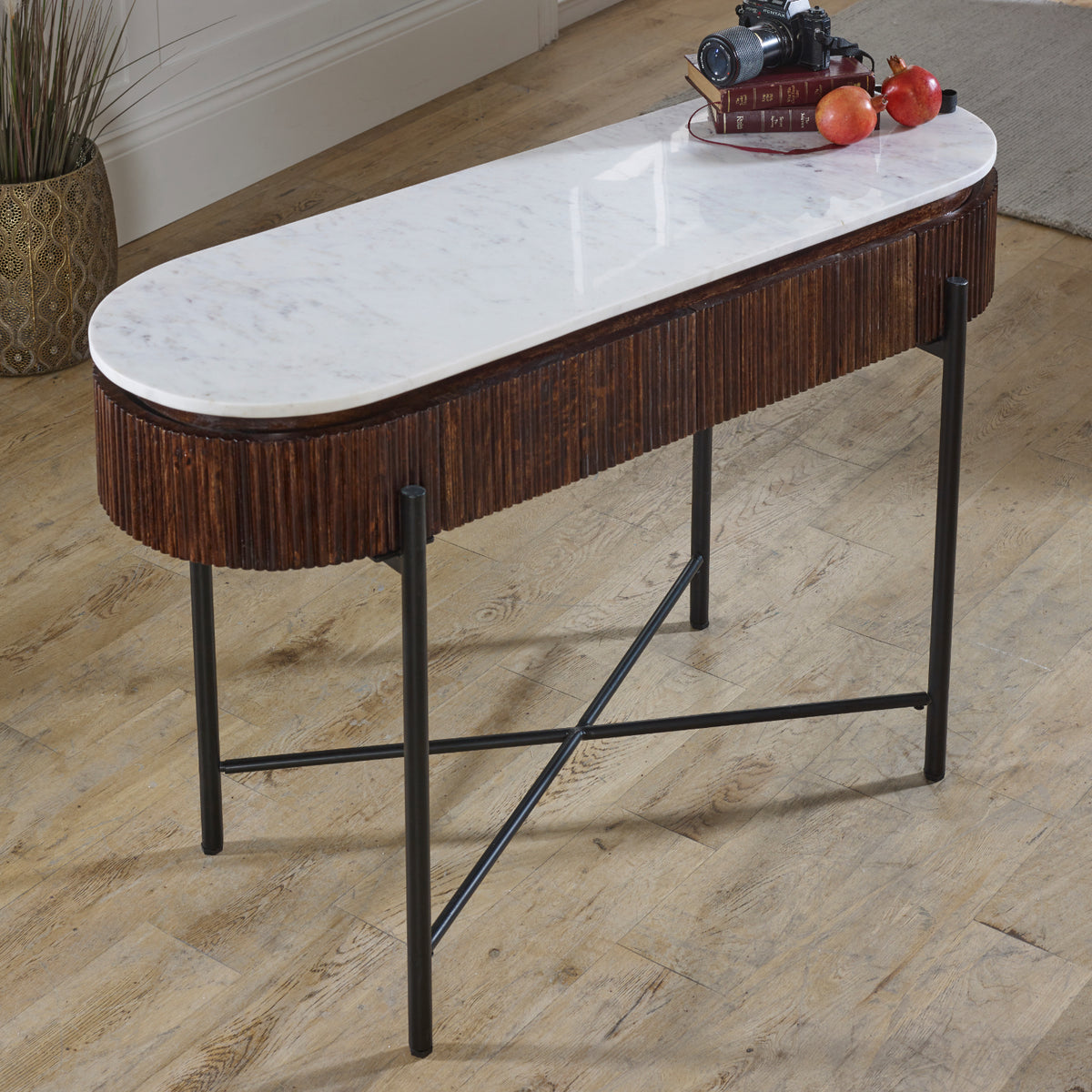 Cardella Mango Wood Console Table With Marble Top And Metal Legs