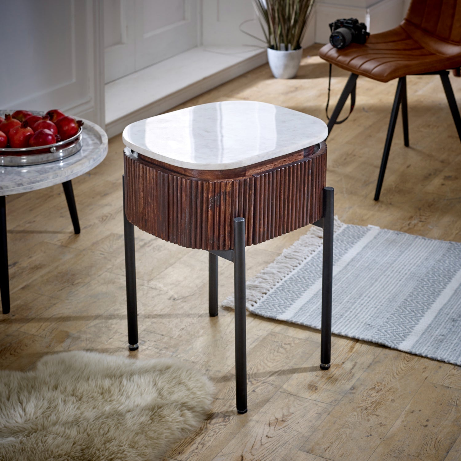 Cardella Mango Wood Bedside Table With Marble Top & Metal Legs