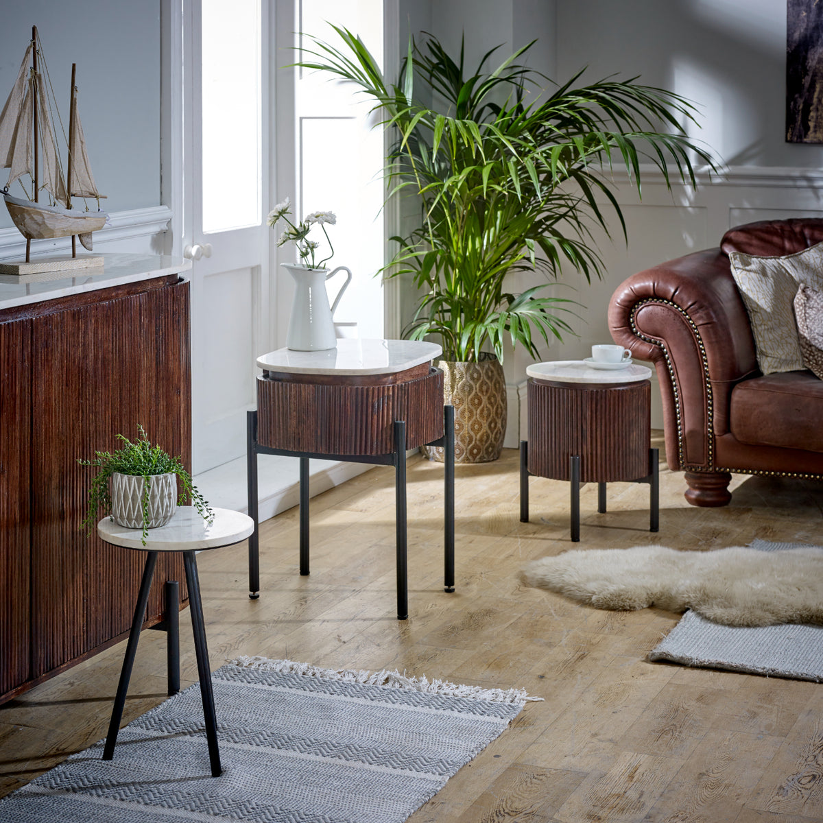Cardella Mango Wood Bedside Table With Marble Top & Metal Legs