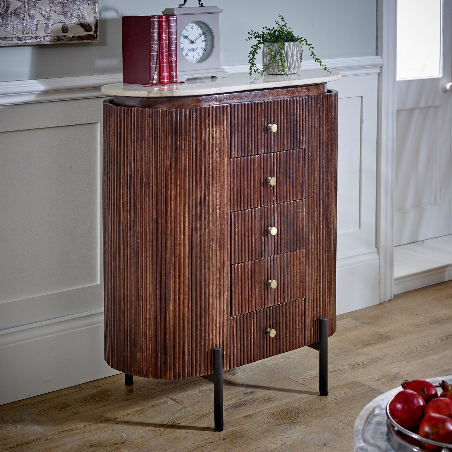 Cardella Mango Wood Wide Chest Of Drawers With Marble Top & Metal Legs