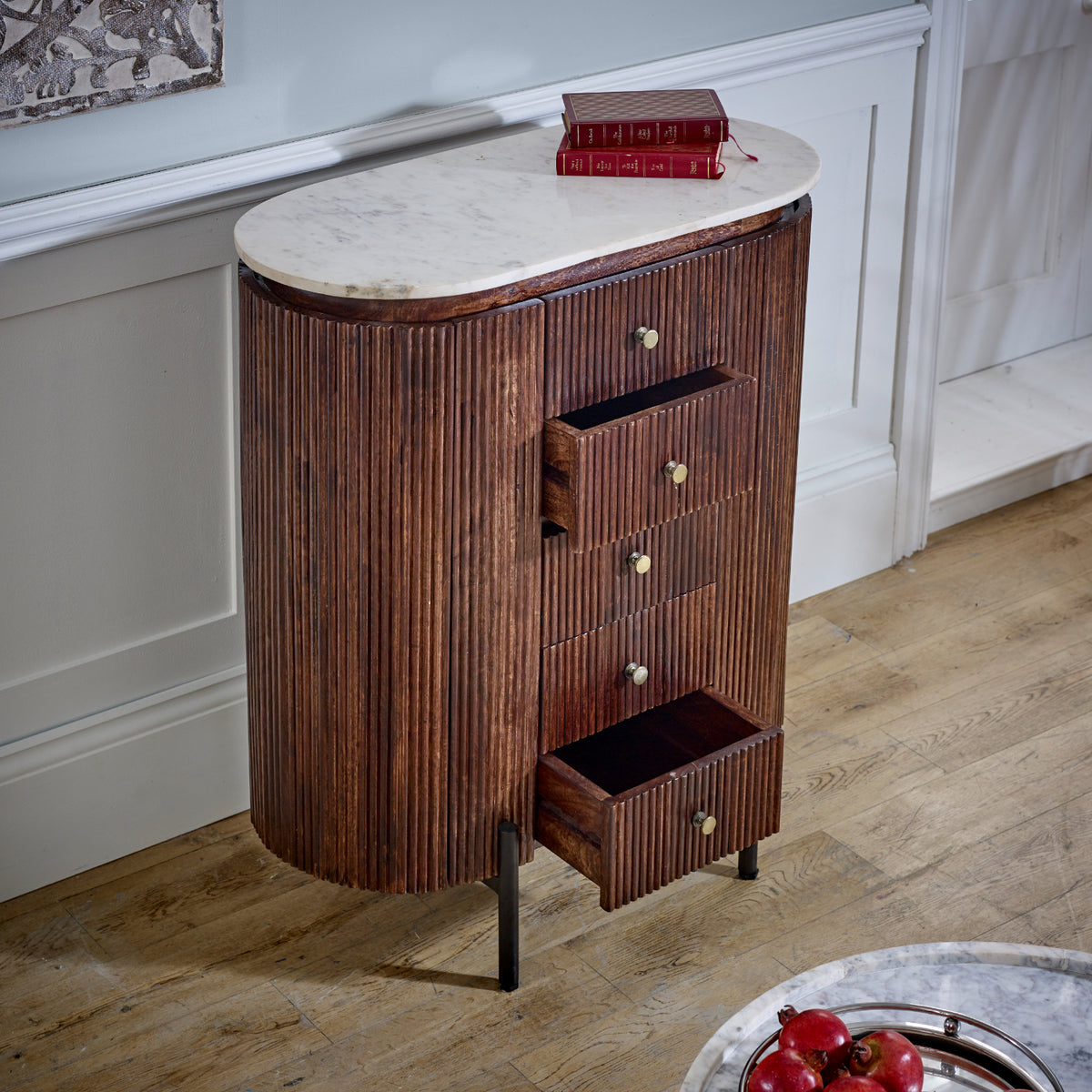 Cardella Mango Wood Wide Chest Of Drawers With Marble Top & Metal Legs