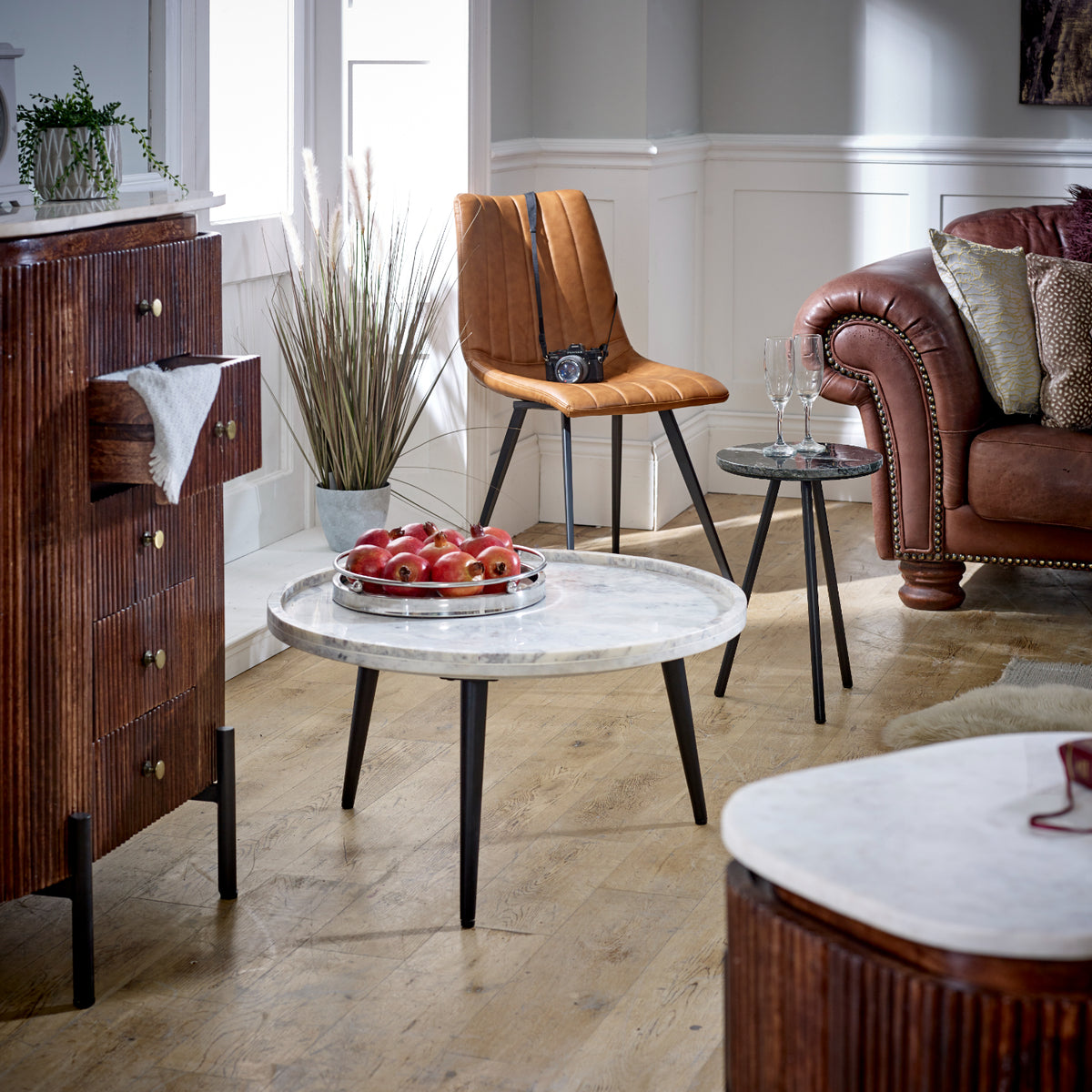 Cardella Mango Wood Wide Chest Of Drawers With Marble Top & Metal Legs