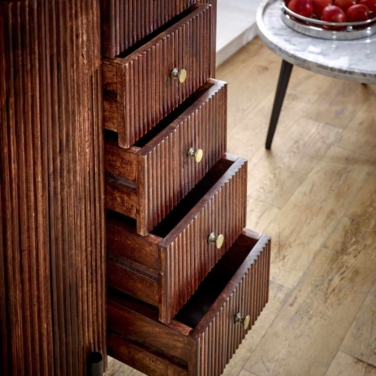 Cardella Mango Wood Wide Chest Of Drawers With Marble Top & Metal Legs