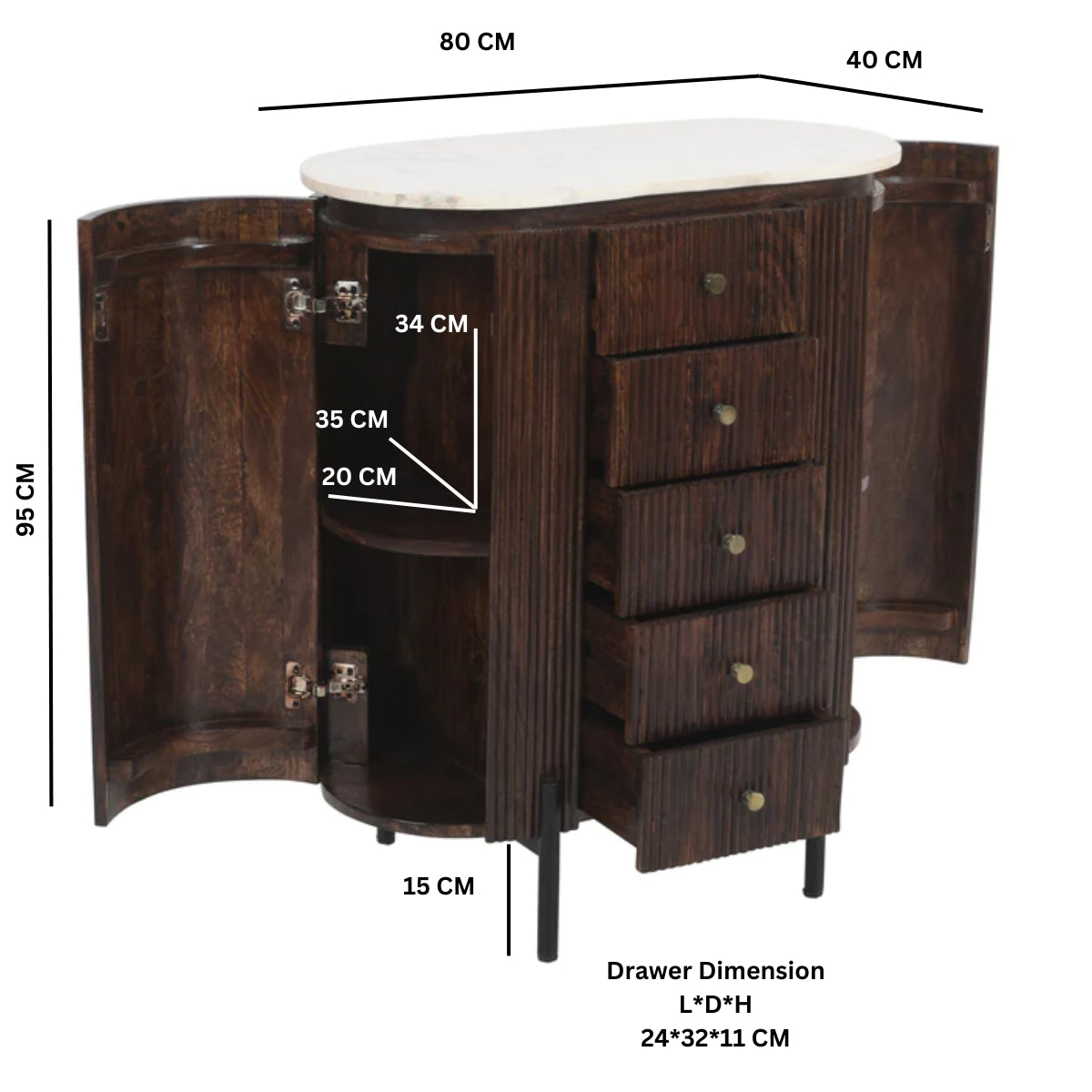 Cardella Mango Wood Wide Chest Of Drawers With Marble Top & Metal Legs