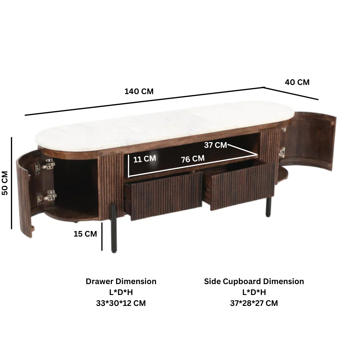 Cardella Mango Wood Tv Cabinet With Marble Top & Metal Legs