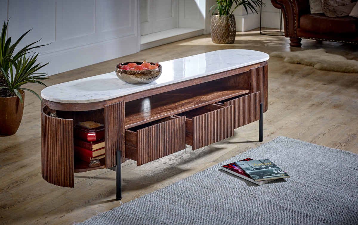 Cardella Mango Wood Large Tv Stand With Marble Top & Metal Legs
