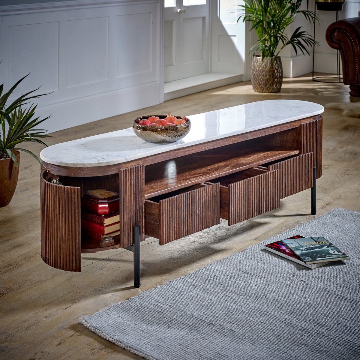 Cardella Mango Wood Large Tv Stand With Marble Top & Metal Legs