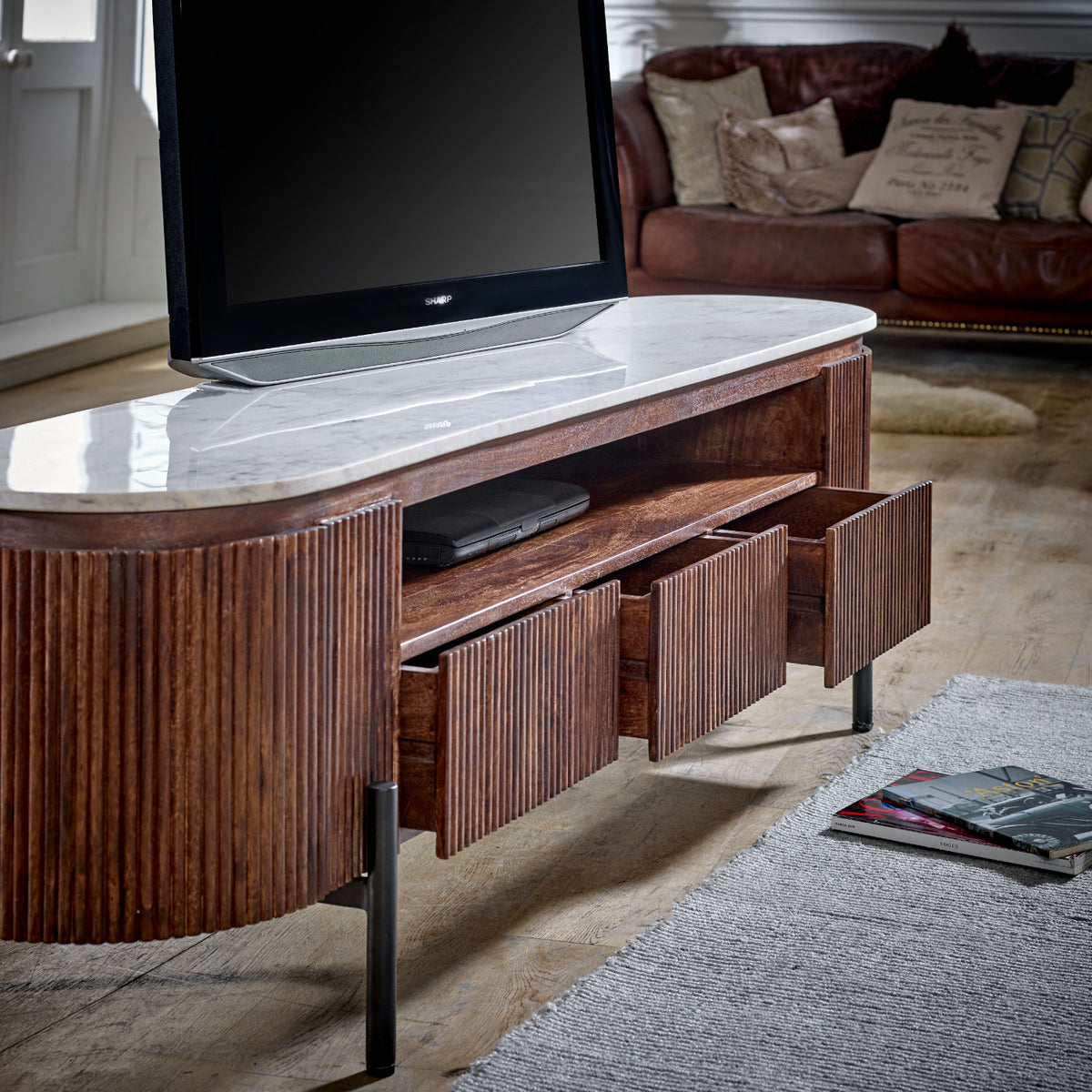 Cardella Mango Wood Large Tv Stand With Marble Top & Metal Legs