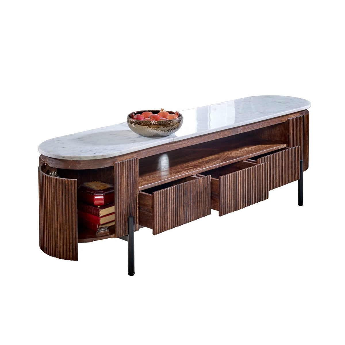 Cardella Mango Wood Large Tv Stand With Marble Top & Metal Legs