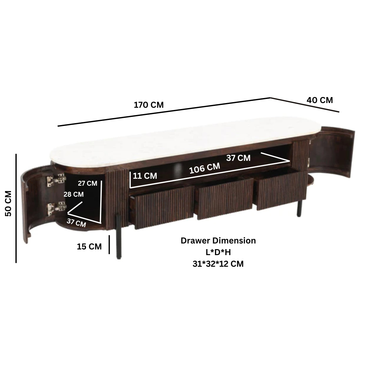 Cardella Mango Wood Large Tv Stand With Marble Top & Metal Legs