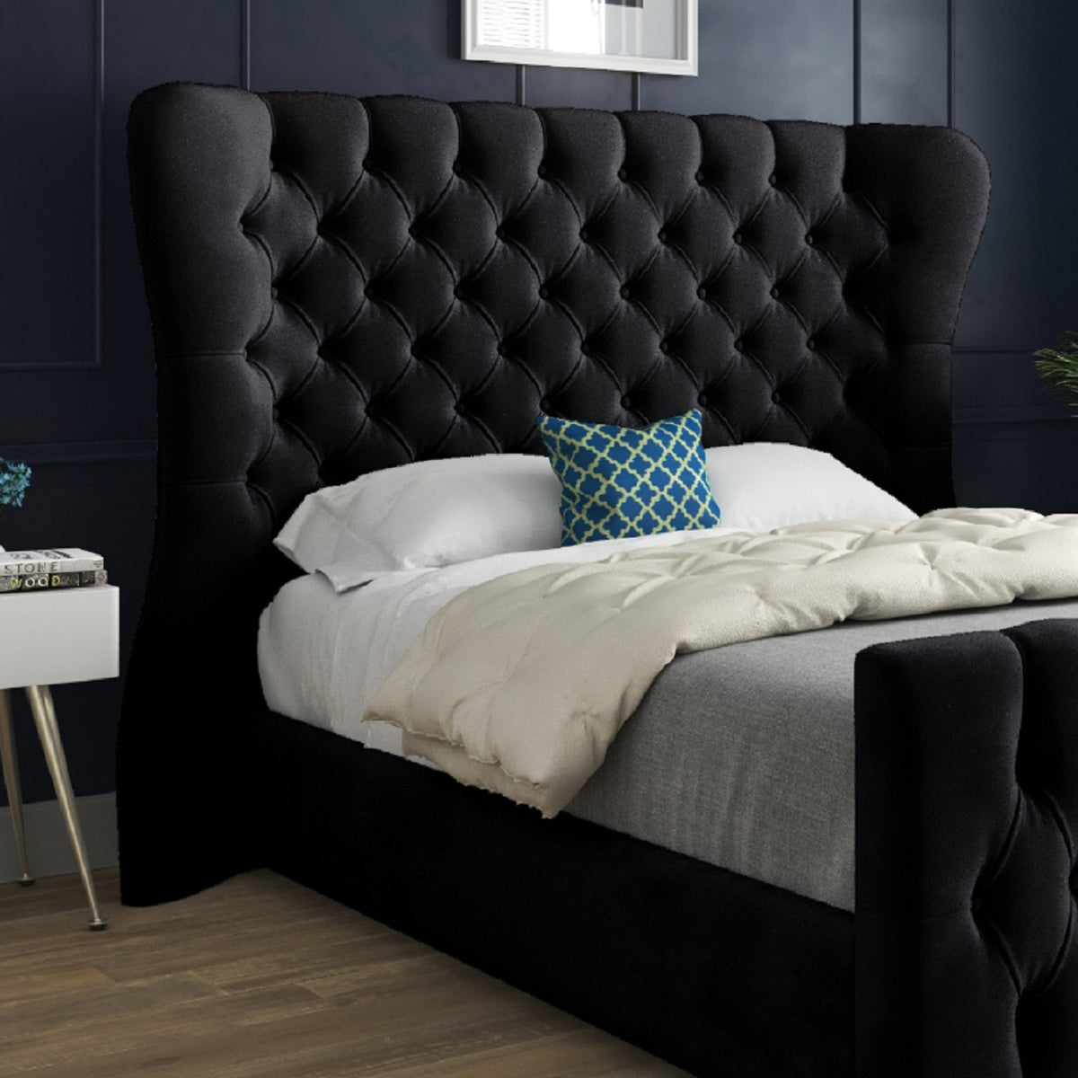 Parma Wide Curved Winged Upholstered Soft Velvet Bed Frame