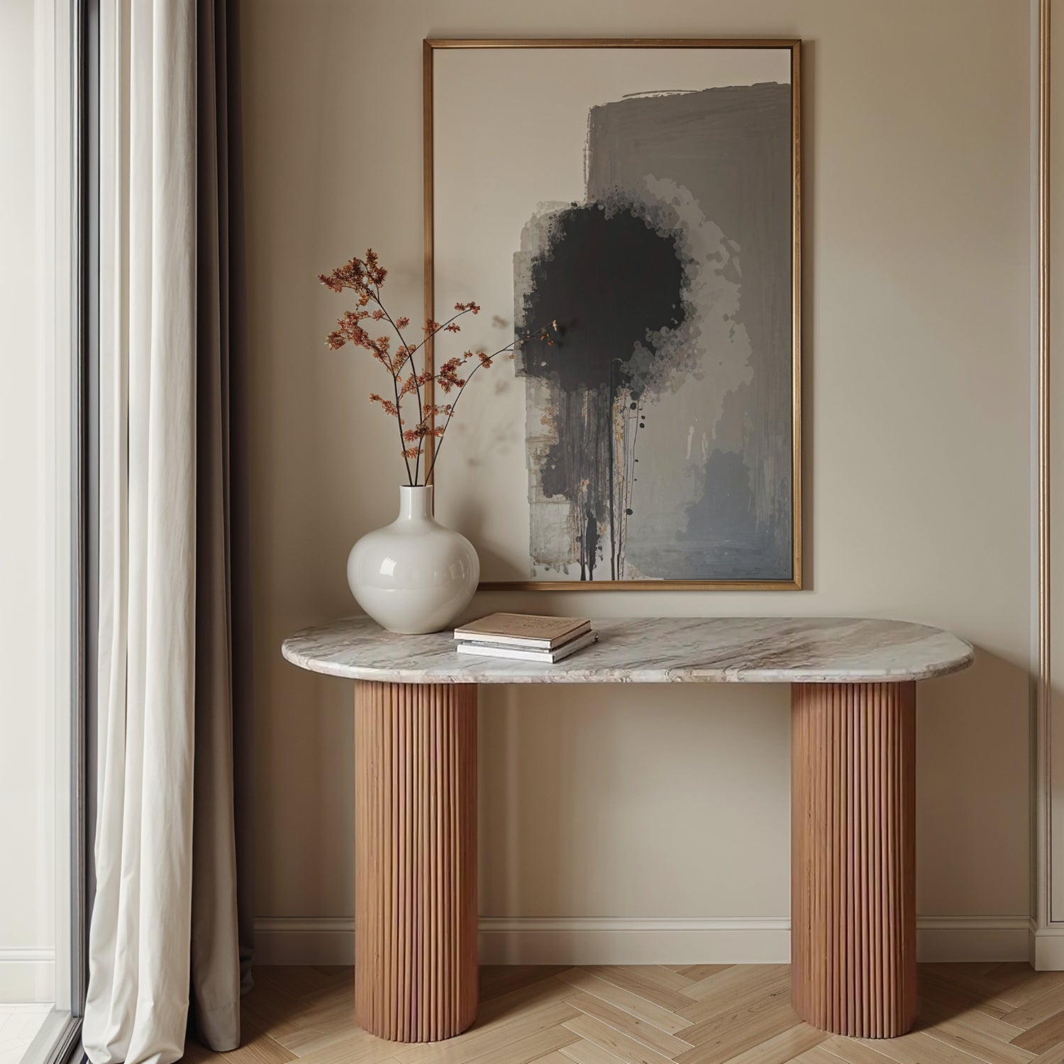 Murcia Natural Marble & Wood Pedestal Console Table