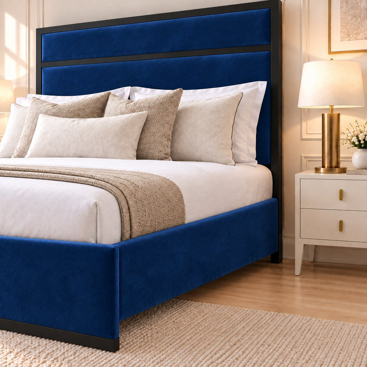 Asolo bed in blue with black metal frame, headboard close-up