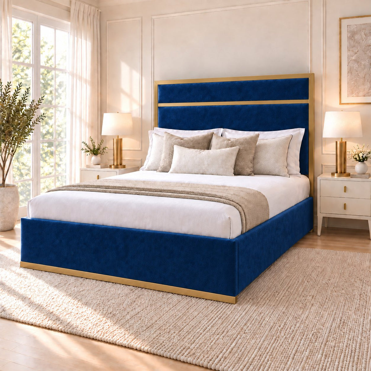 Asolo bed in blue with matt gold metal frame, side view