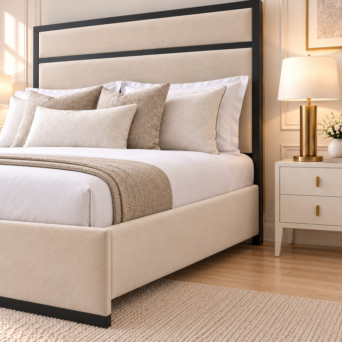 Asolo bed in cream with black metal frame, headboard close-up