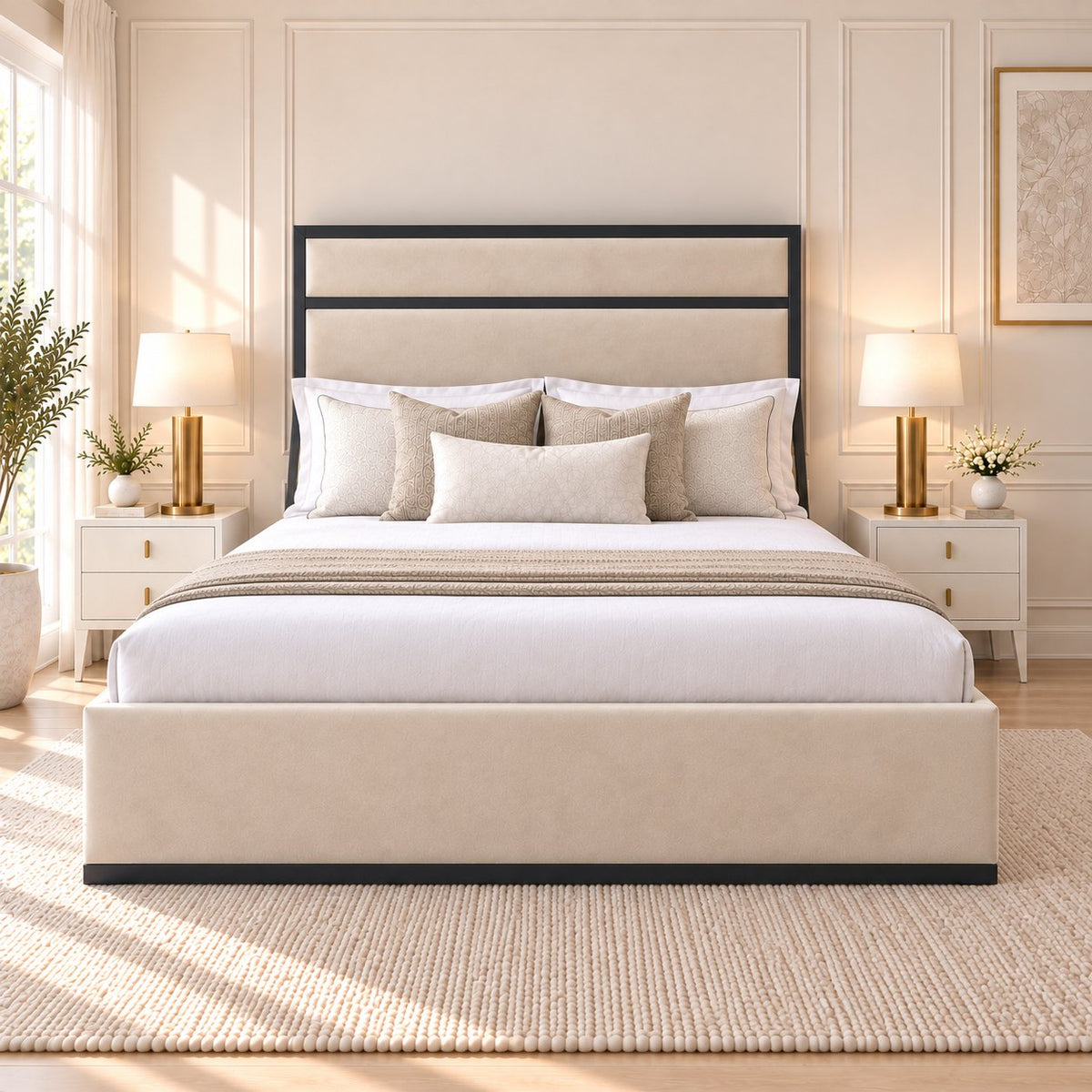 Asolo bed in cream with black metal frame, front view