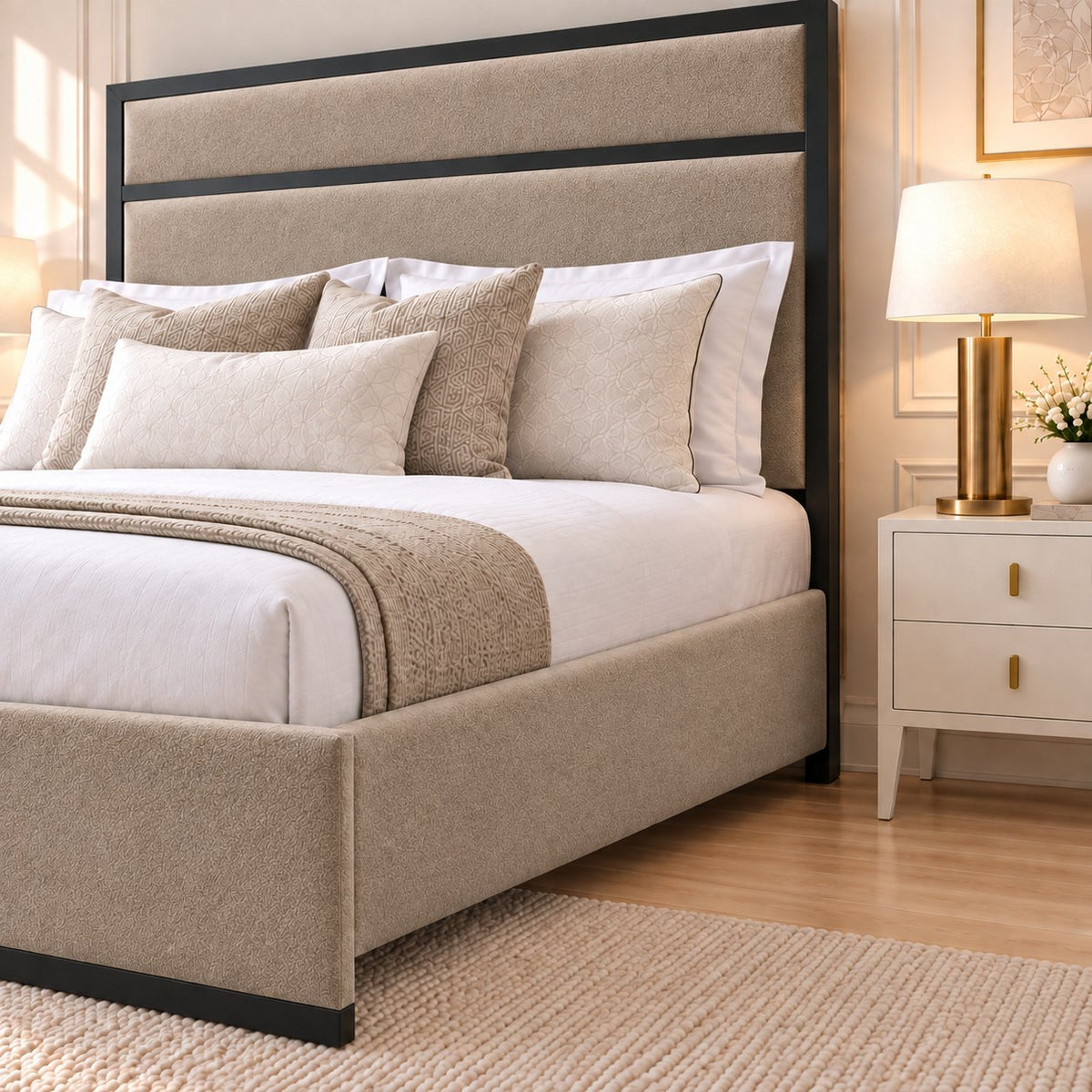 Asolo bed in pebble with black metal frame, headboard close-up