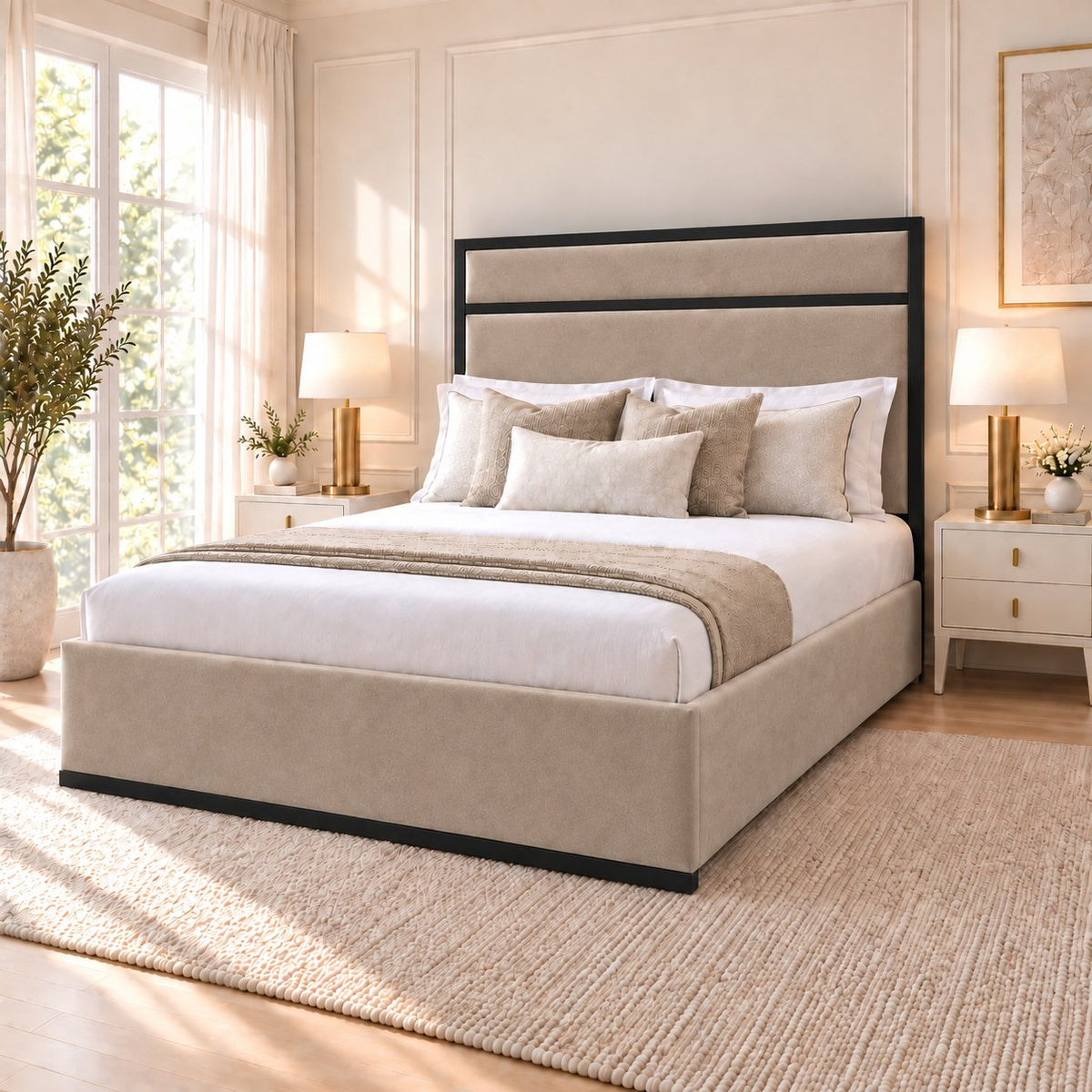 Asolo bed in pebble with black metal frame, side view