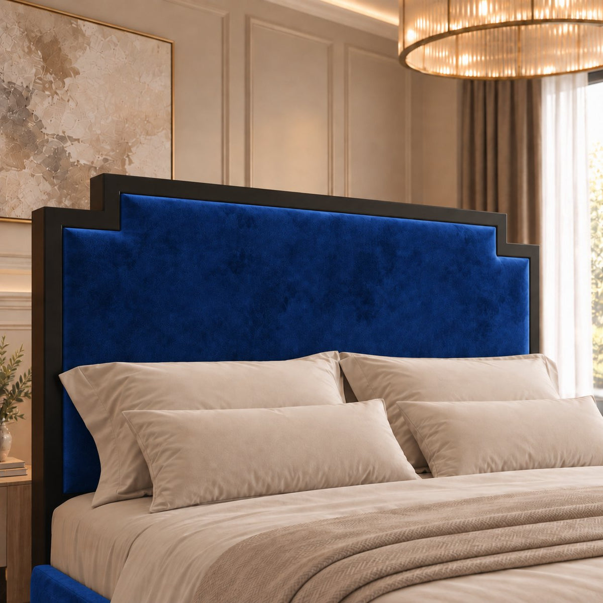 Bardolino bed in blue with black metal frame, headboard close-up