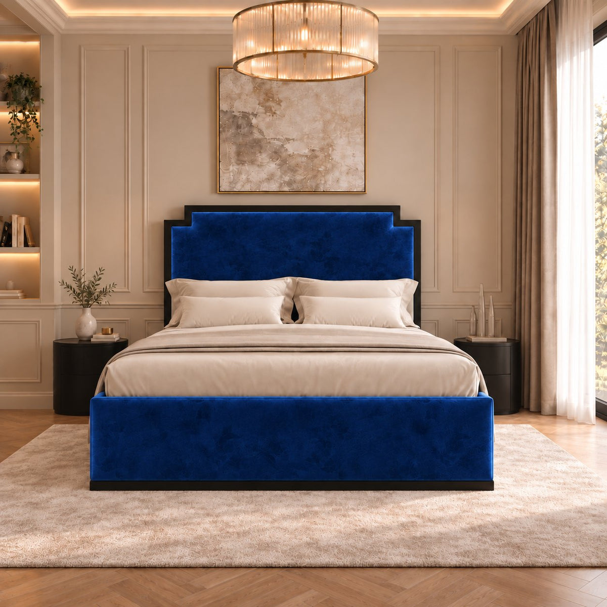 Bardolino bed in blue with black metal frame, front view
