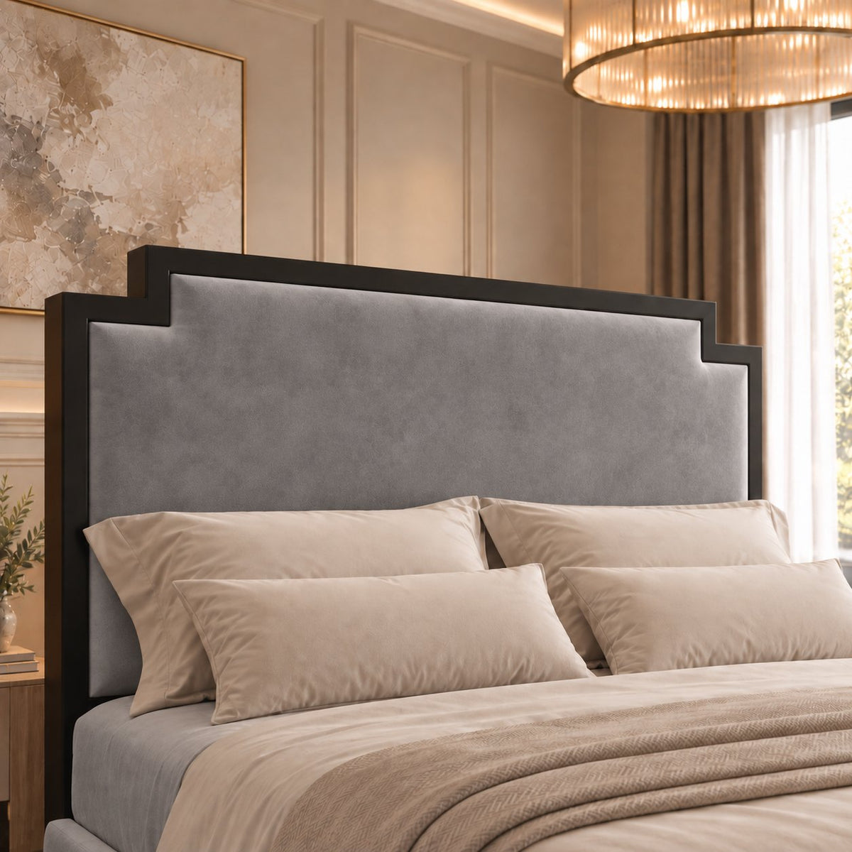 Bardolino bed in grey with black metal frame, headboard close-up