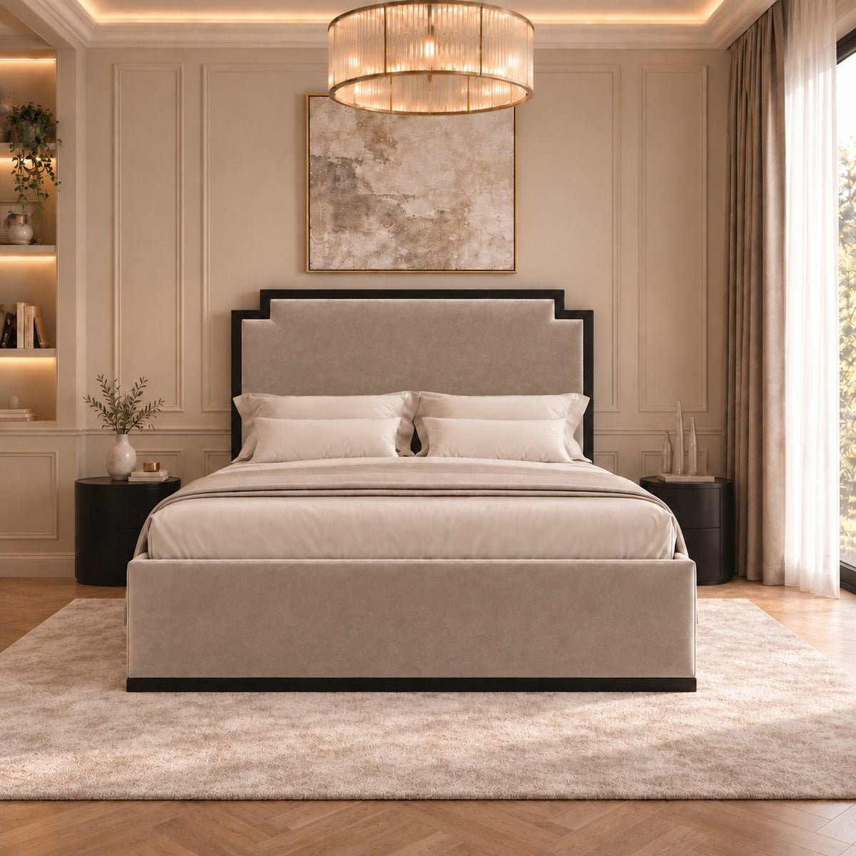 Bardolino bed in pebble with black metal frame, front view