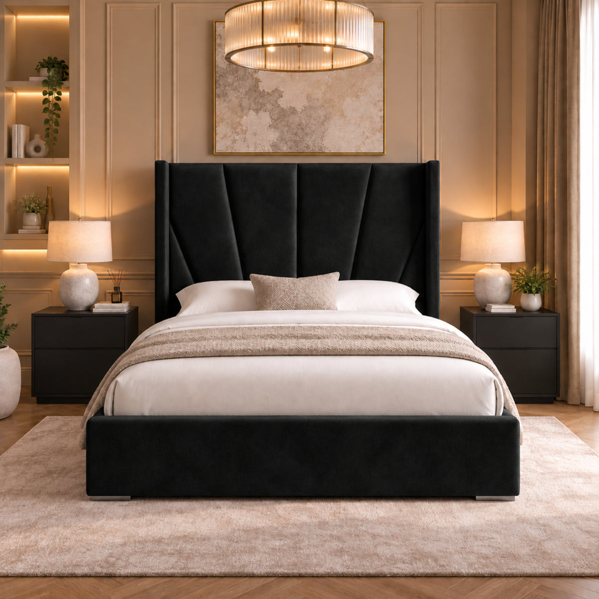 Bellini Wide Curved Winged Upholstered Soft Velvet Bed Frame