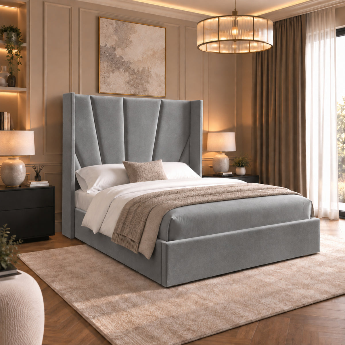 Bellini Wide Curved Winged Upholstered Soft Velvet Bed Frame