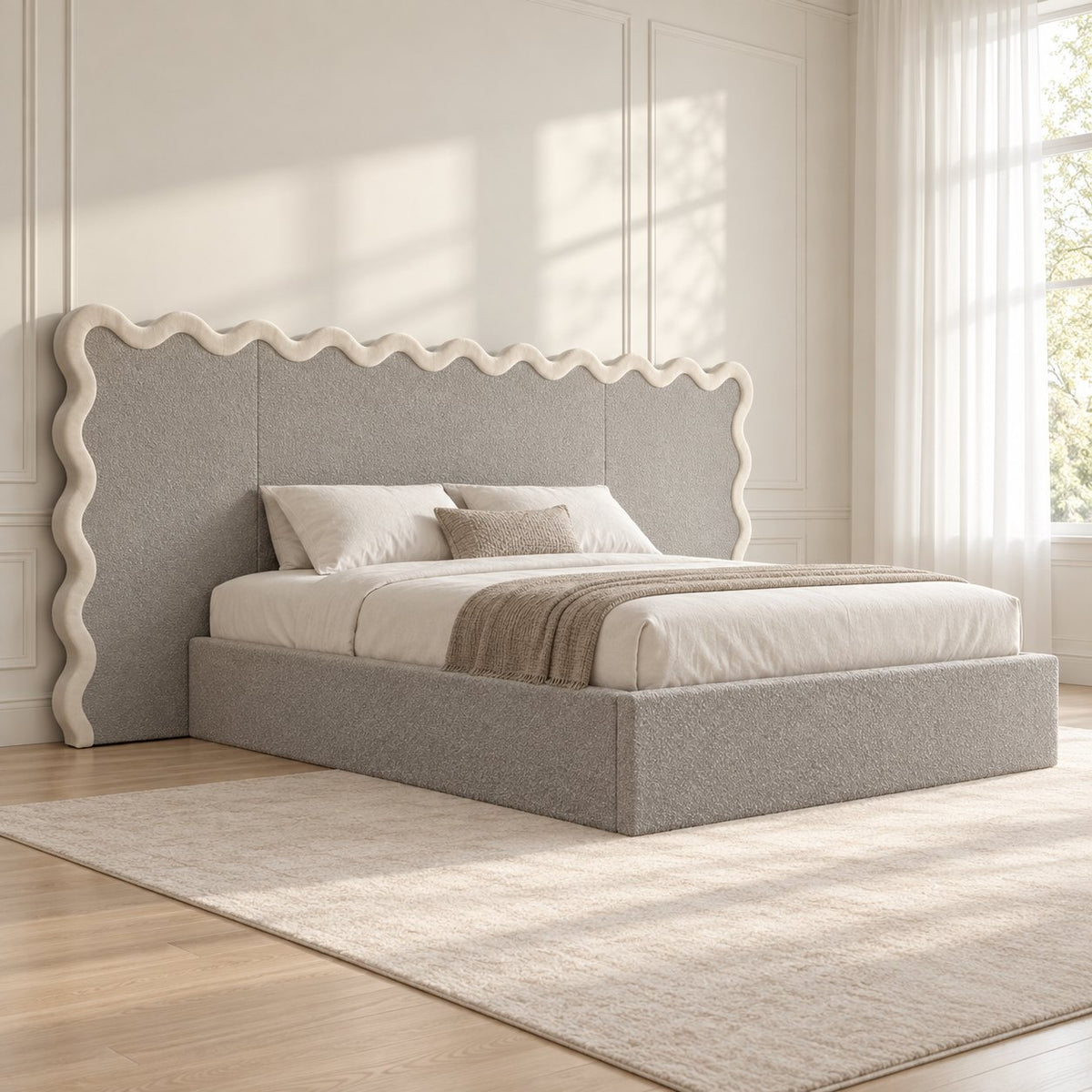 Brindisi bed in grey with cream border, side view