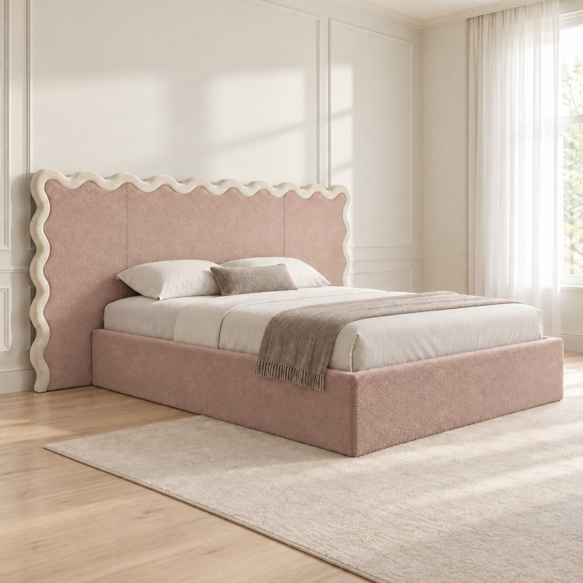 Brindisi bed in pink with cream border, side view
