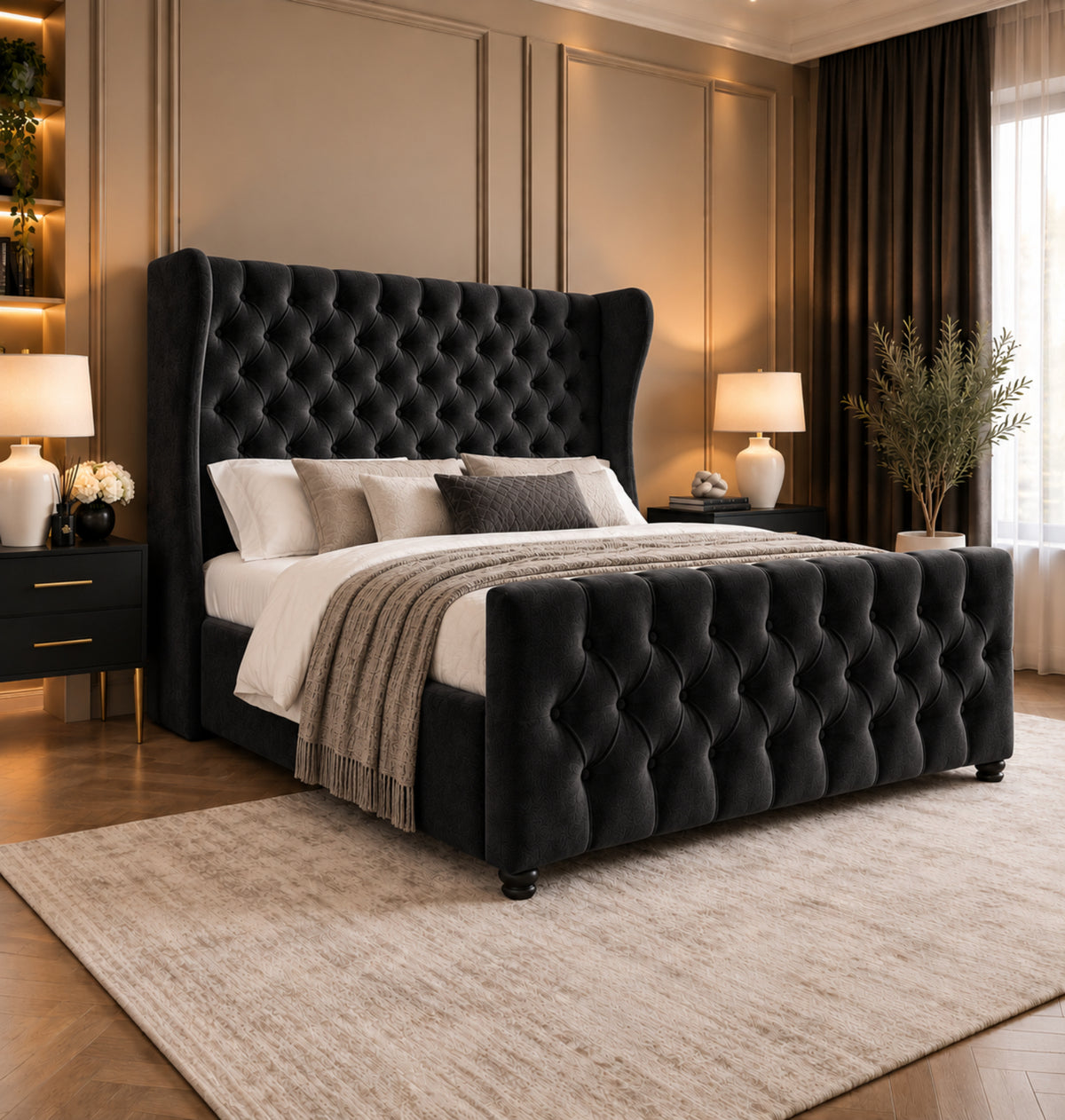 Donati Straight Curved Top Upholstered Soft Velvet Bed Frame